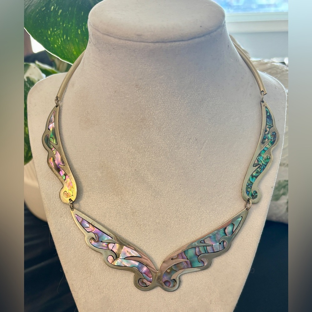 Vintage Mexico Alpaca Abalone Inlay Statement Necklace